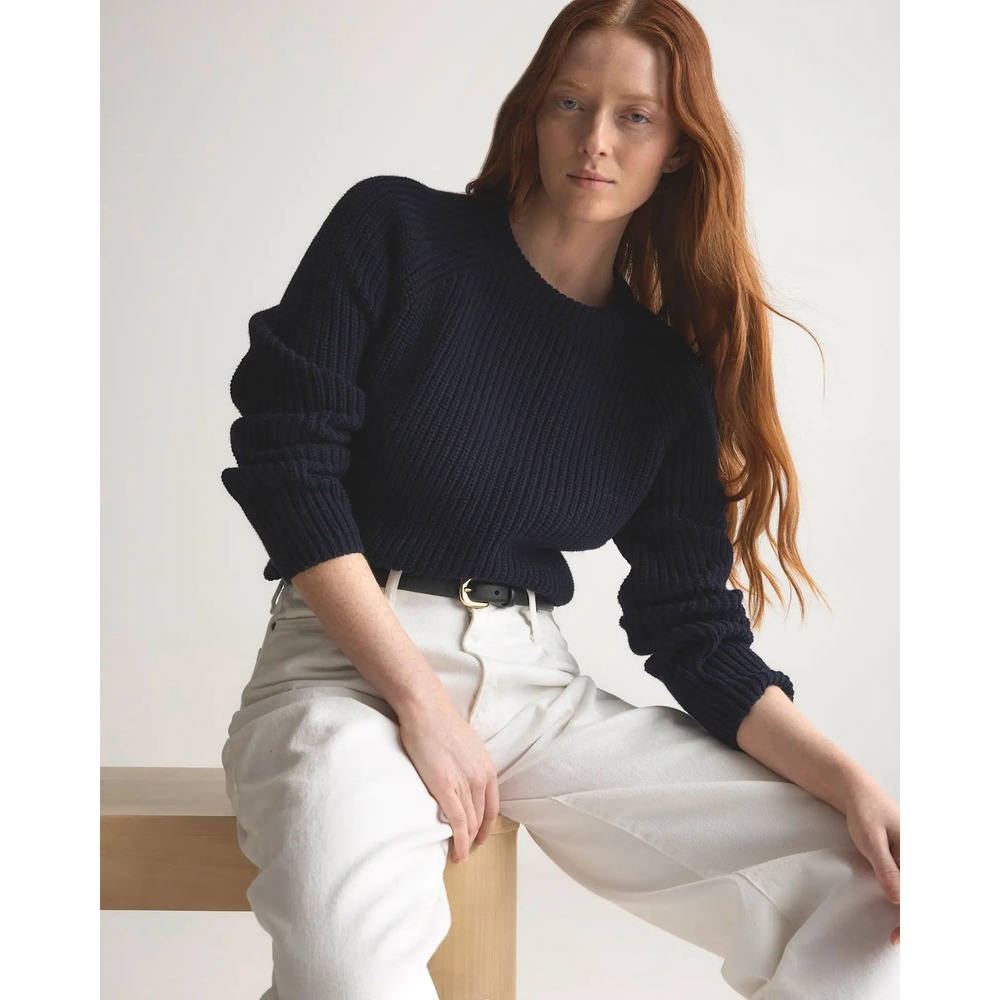 Quince Navy Blue Organic Cotton Fisherman Crewneck Sweater Medium Raglan Knit
